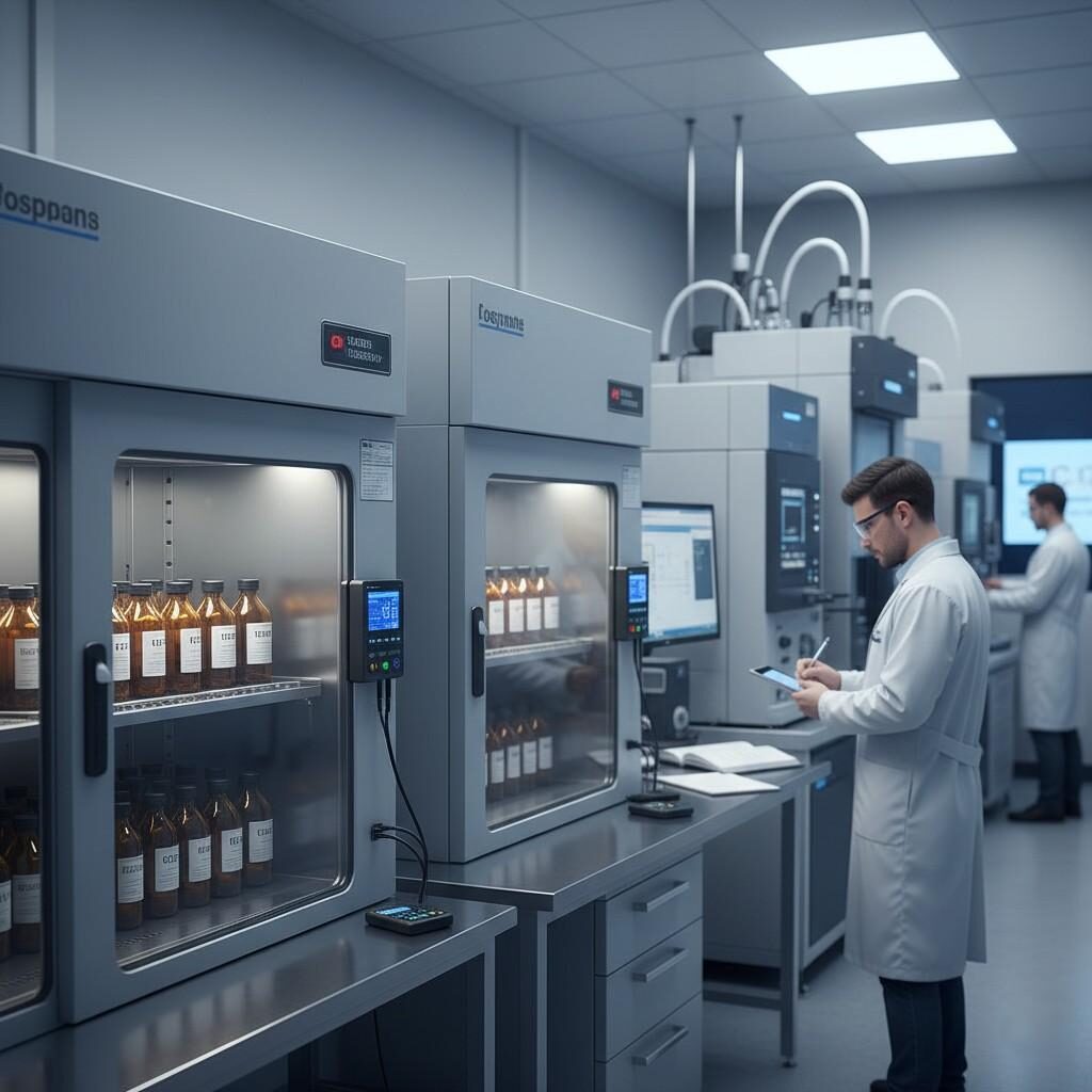 A photo showcasing a high-precision laboratory setup for temperature-controlled stability testing of aroma concentrates. The image features samples within climate chambers with data loggers, GC-MS instruments in the background, and technicians diligently taking notes, emphasizing rigorous quality assurance and analytical precision.