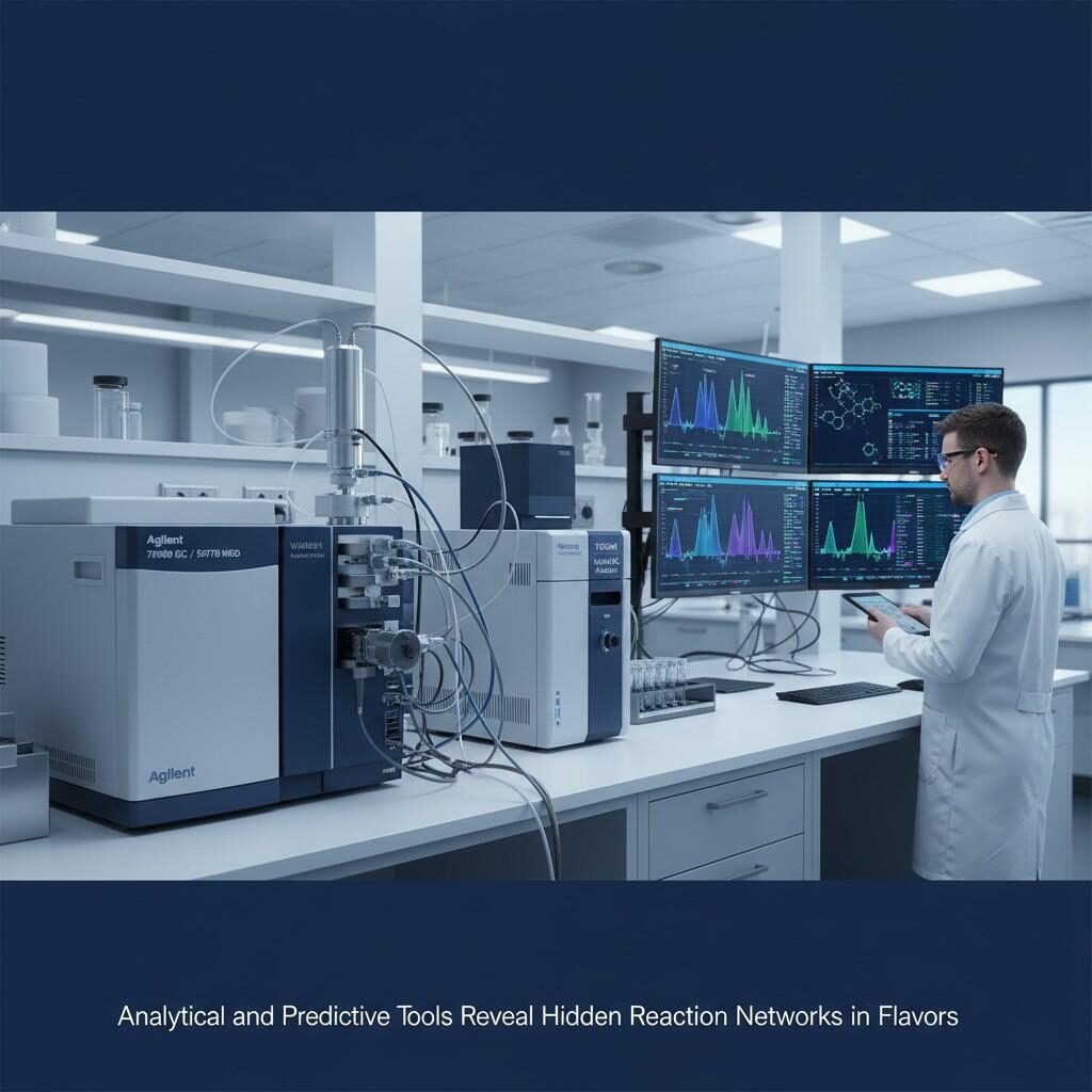 Explore a professional laboratory scene featuring GC-MS, HPLC, and headspace analysis instruments, showcasing advanced analytical and predictive tools used to reveal hidden reaction networks in flavor chemistry. Ideal for articles on food science, analytical methods, and chemical analysis in research and development.