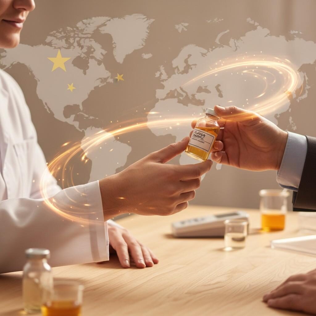 A close-up image depicting a flavor chemist handing a sample bottle to a client, symbolizing a trusted partnership and global collaboration in the flavor industry. Faint maps of China and Europe in the background highlight the international scope.