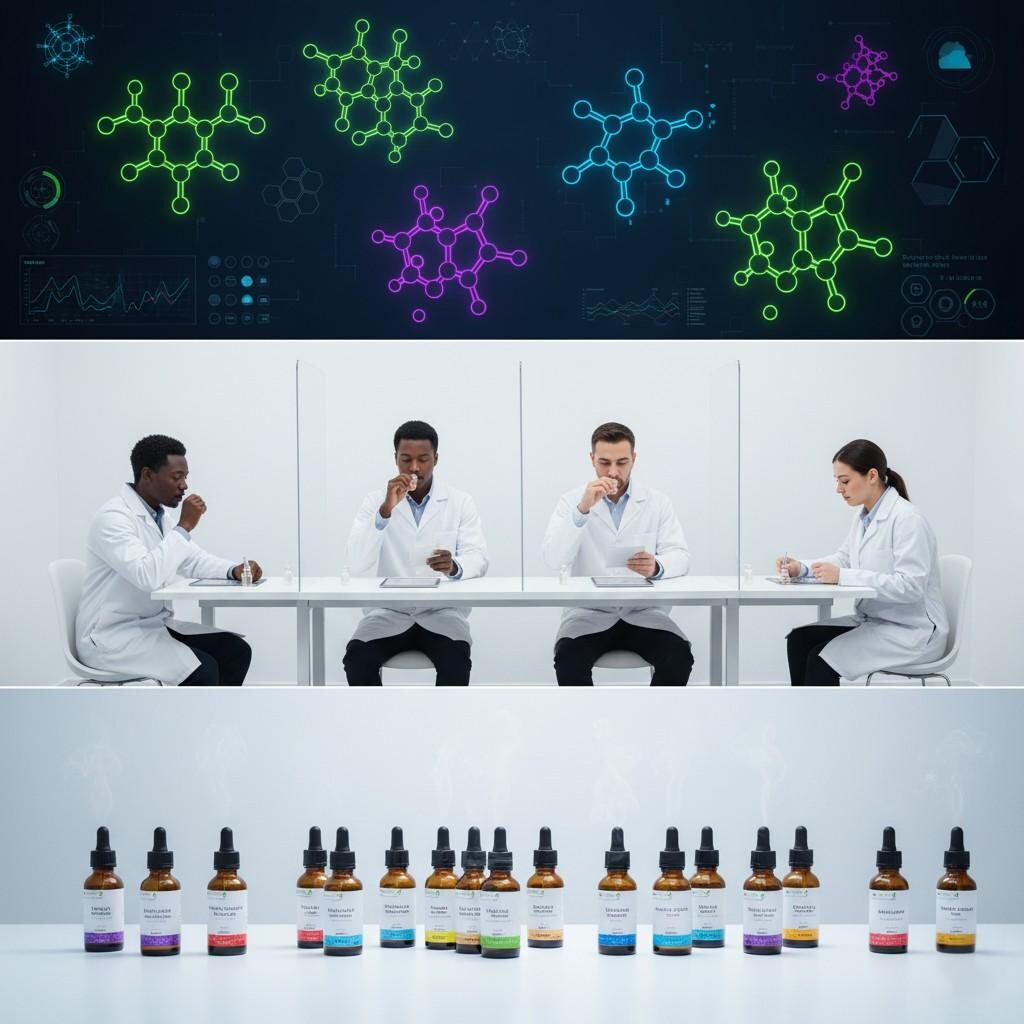 A dynamic collage illustrating the comprehensive process of e-liquid flavor development. It features vibrant digital molecular structures of various flavor compounds, a dedicated sensory evaluation team meticulously assessing aromas, and an elegant professional display of finished e-liquid flavoring bottles. This visual narrative highlights the journey from scientific formulation to sensory refinement and final product presentation, emphasizing both the analytical and experiential aspects of flavor creation.