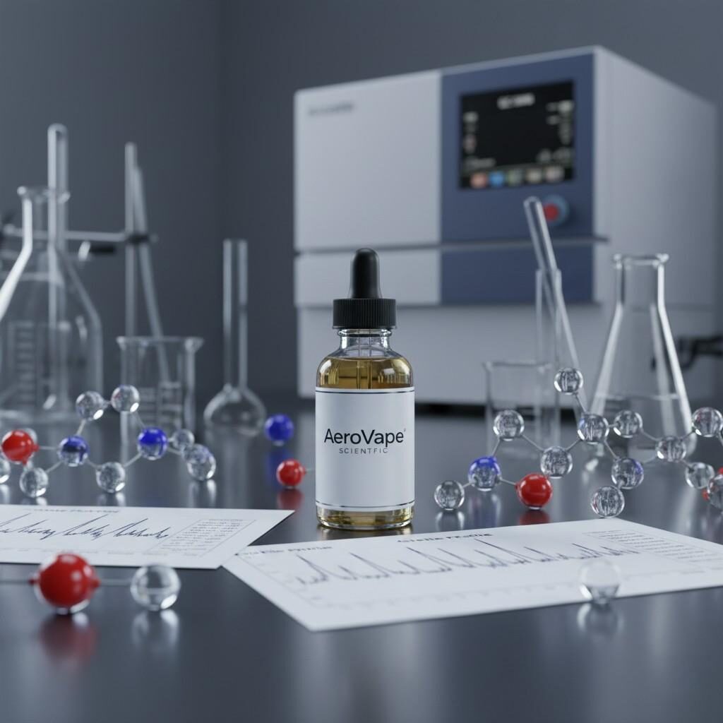 An 8K, cinematic shot of a premium e-liquid bottle elegantly displayed on a sleek stainless steel analytical lab table. The bottle is surrounded by intricate molecular models and printed GC-MS chromatograms, powerfully symbolizing scientific precision and product stability. The sophisticated lighting and corporate brand aesthetic highlight the advanced research and development behind the e-liquid's formulation, making it ideal for demonstrating high-quality, scientifically-backed vaping products.