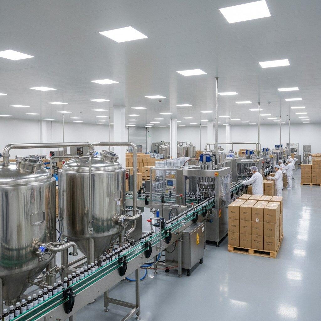 This image depicts a professional and high-tech flavor concentrate production line. It showcases gleaming stainless-steel mixing tanks, advanced automatic filling equipment, and neatly packaged flavor concentrate bottles meticulously prepared for shipment. The clean industrial lighting and premium manufacturing environment highlight the efficiency and quality control integral to modern food ingredient production.