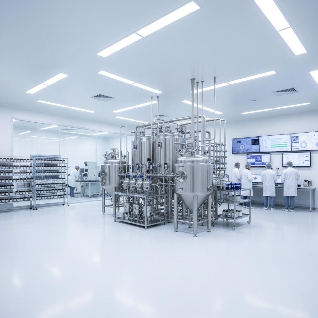 This image captures a state-of-the-art e-liquid flavor manufacturing facility, characterized by its ultra-clean industrial design. The facility features automated blending tanks for precise flavor production, an integrated GC-MS laboratory section for quality assurance, and well-organized sample racks. Digital monitoring screens display real-time data, while technicians in lab coats review critical information, ensuring the highest standards in e-liquid flavor manufacturing.