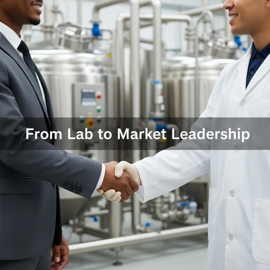 A professional image depicting a handshake between an individual in a business suit and another in a white lab coat, symbolizing partnership and trust. The background features blurred industrial stainless steel mixing tanks, with the text overlay "From Lab to Market Leadership," conveying the synergy between scientific development and market success.