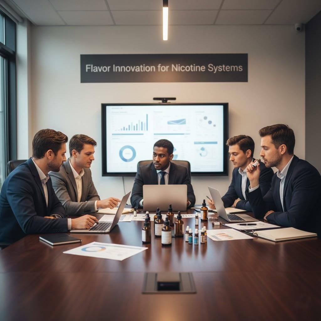 A modern corporate composition captures a fragrance manufacturer's team engaged in reviewing e-liquid prototypes within a warm, collaborative meeting room. Laptops, charts, and aroma bottles are arranged on the table, while a softly focused banner proudly displays "Flavor Innovation for Nicotine Systems." This image conveys professionalism and strategic collaboration in the development of new e-liquid products, ideal for showcasing industry leadership and R&D efforts.