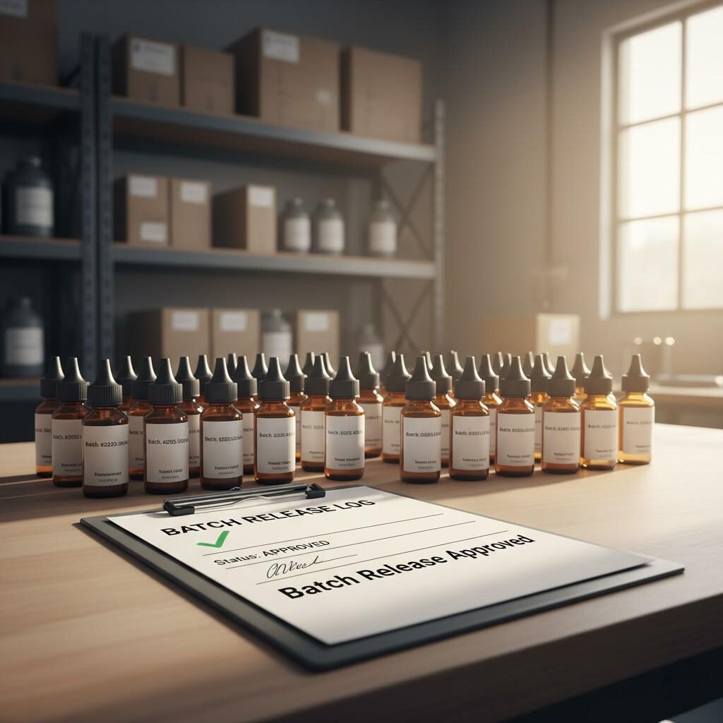  An inspiring and realistic visual showcasing the successful quality assurance process of a small e-liquid flavor concentrate manufacturer. Neatly packaged bottles with distinct batch labels are prominently displayed next to a clipboard proudly titled "Batch Release Approved." The background features warm sunlight streaming through a window onto warehouse shelves, symbolizing transparency and the successful completion of stringent quality checks. This professional image captures the moment of triumph in manufacturing and quality control.