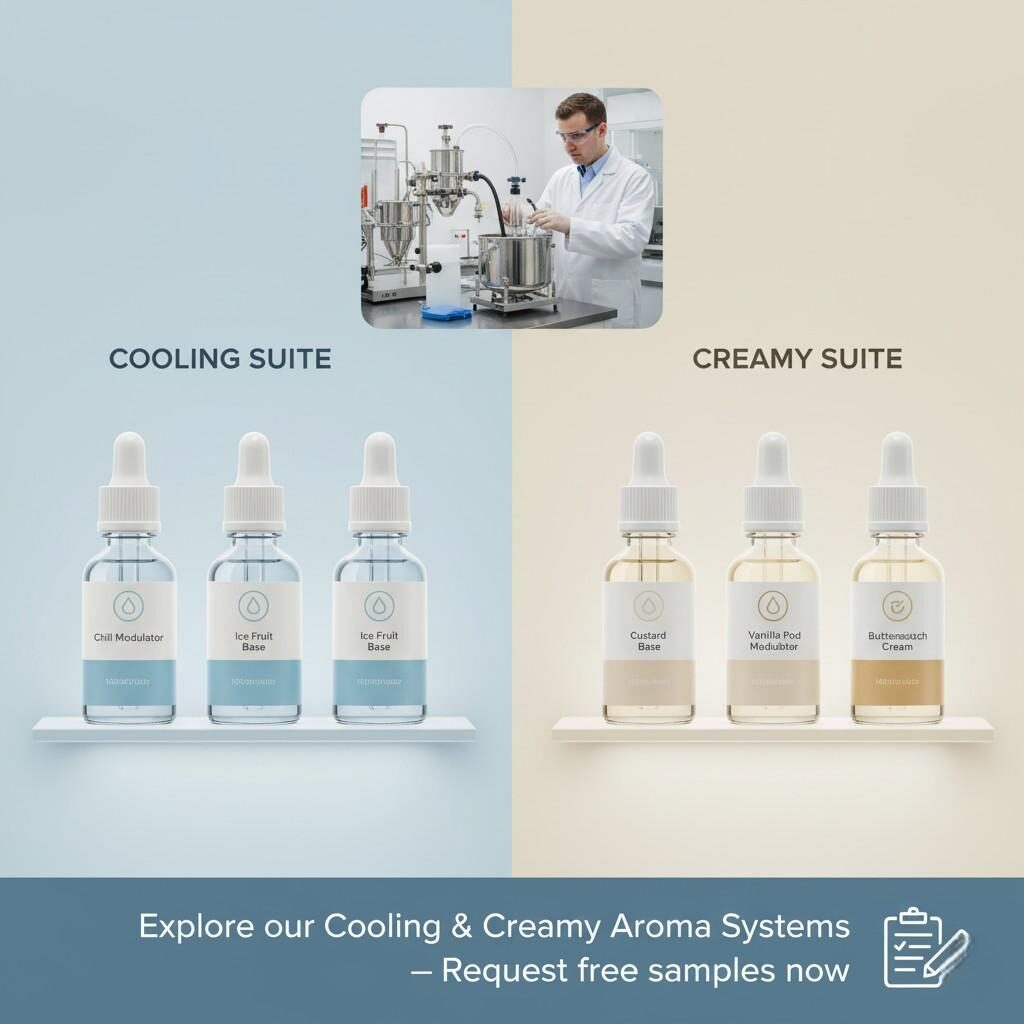 A clean, corporate R&D aesthetic image showcasing two distinct lines of flavor modules: the "Cooling Suite" (including Chill Modulator, Ice Fruit Base, Neutral Coolant) and the "Creamy Suite" (Custard Base, Vanilla Pod Modulator, Butterscotch Cream). An inset features a lab technician with flavor equipment, alongside the tagline "Explore our Cooling & Creamy Aroma Systems — Request free samples now," inviting customers to experience advanced e-liquid flavor solutions.