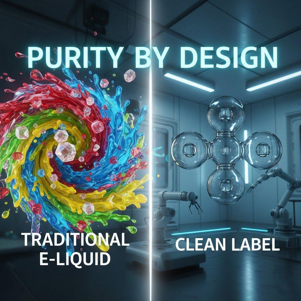 Explore a striking concept art comparing traditional e-liquid with a chaotic, colorful swirl of sugar crystals, against a minimalist, crystal-clear "Clean Label" droplet in a sterile lab setting. This visual emphasizes "PURITY BY DESIGN" in e-liquid development.