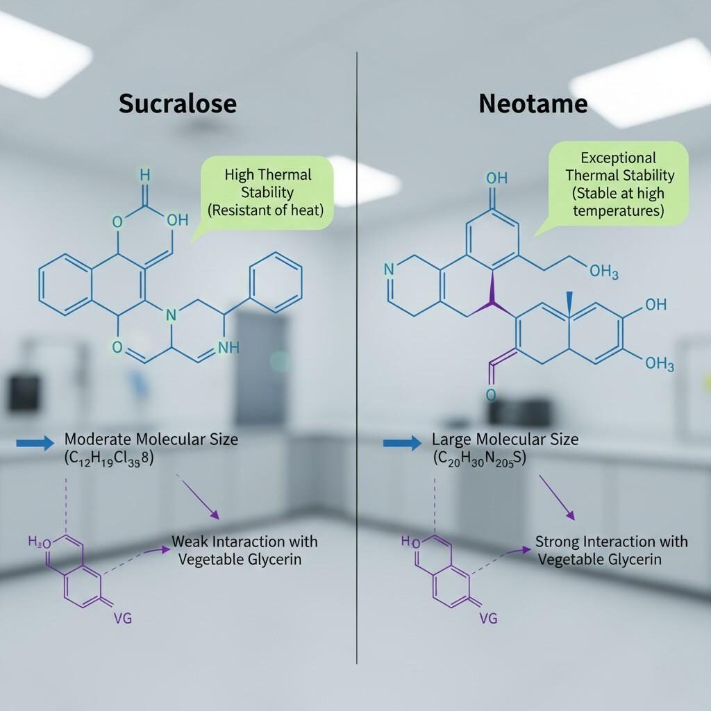 Detailed comparative molecular diagram illustrating sucralose and neotame, with annotations highlighting differences in thermal stability, molecular size, and their interaction characteristics within a Vegetable Glycerin (VG) e-liquid base