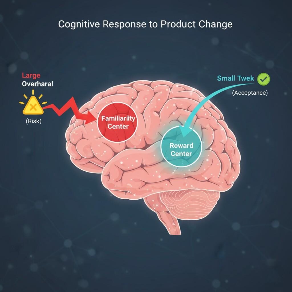 This cognitive psychology graphic illustrates the brain's response to product changes. A "Large Overhaul" (jagged arrow) triggers an alert in the "Familiarity Center" (Risk), while a "Small Tweak" (smooth arrow) activates the "Reward Center" (Acceptance), highlighting key psychological responses to innovation.