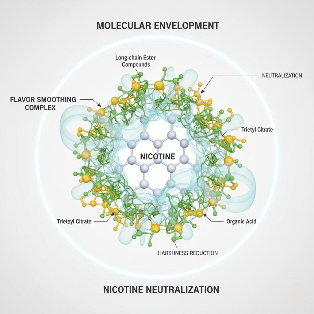 This molecular chemistry diagram illustrates the "envelopment" and "neutralization" of nicotine harshness. A central nicotine molecule is surrounded by interlocking structures of long-chain esters and buffer compounds like Triethyl Citrate, visually representing a "flavor smoothing complex" designed for harshness reduction.