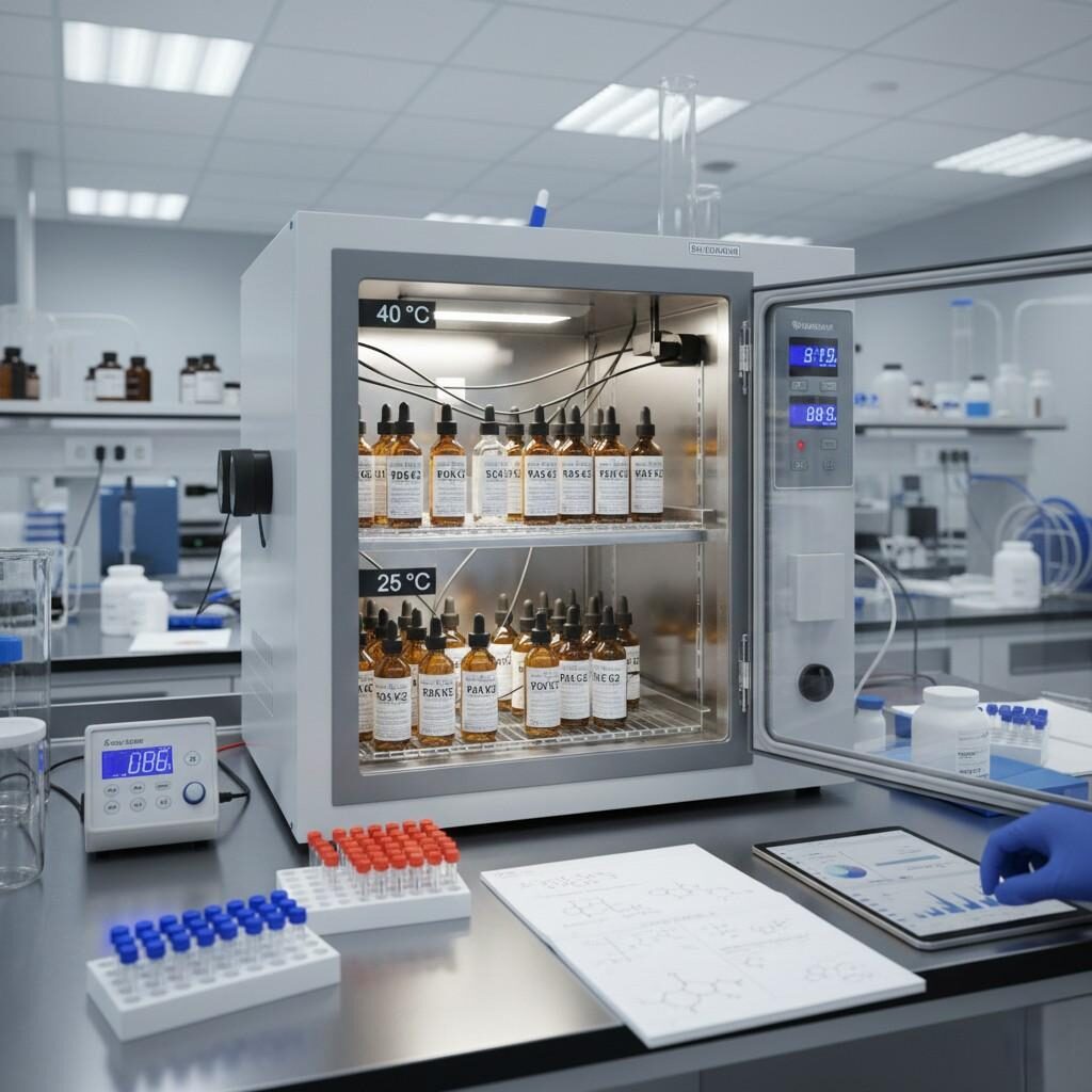 A laboratory setup for e-liquid stability testing features sealed bottles in a temperature-controlled incubator (25 °C and 40 °C shelves), a data logger, and GC-MS vials, demonstrating controlled variables for accelerated aging experiments