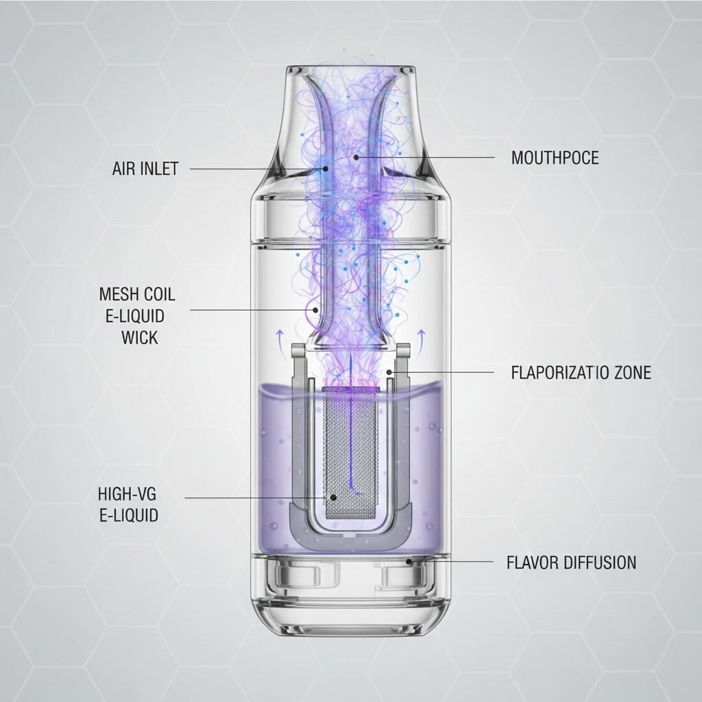 Detailed cross-sectional diagram of a low-power vape pod system. Visualize the intricate coil geometry, understand the aerosolization behavior, and trace the critical flavor diffusion pathways when using high-VG e-liquid. Essential for vapor product engineering and user understanding.