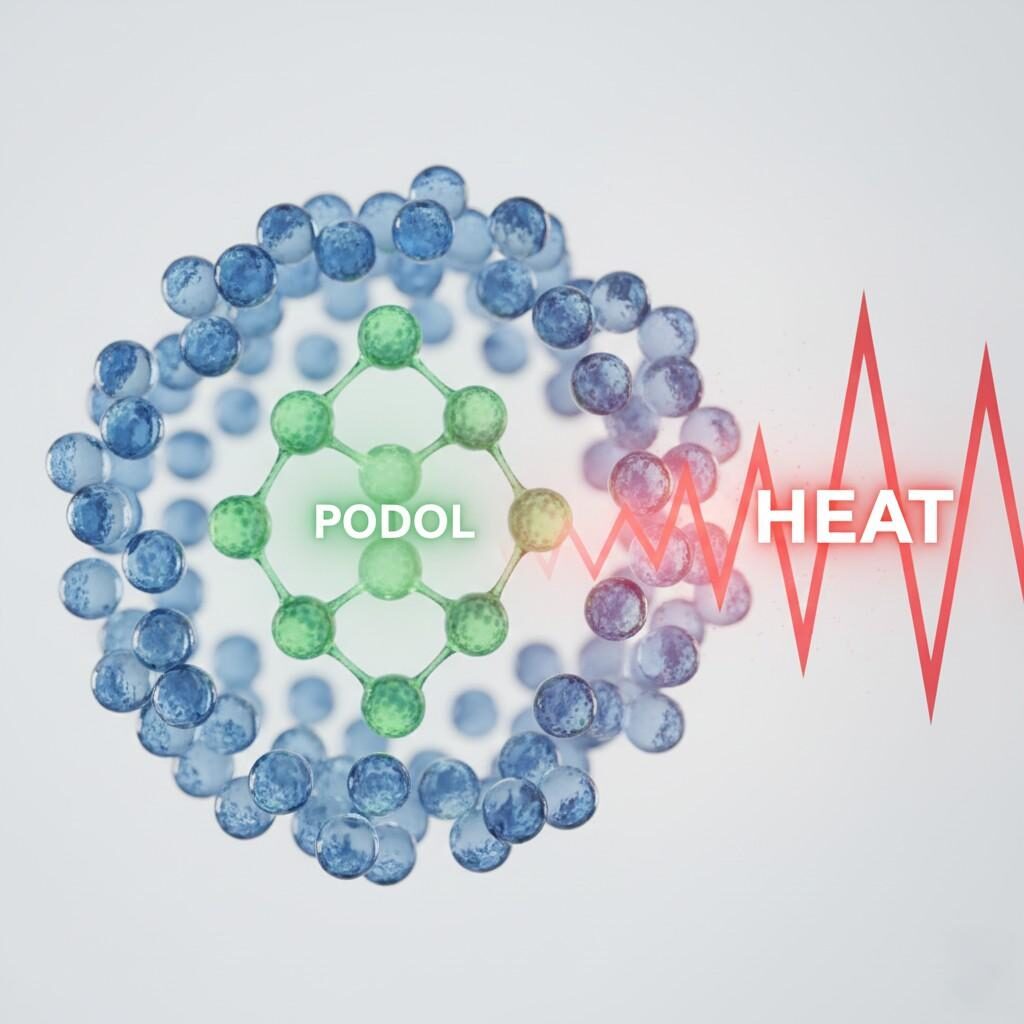 A close-up, photorealistic 3D render illustrates a glowing green bio-based carrier (PDO) molecule shielded by blue water molecules from a red, jagged "Heat" wave. This scientific visualization highlights the protective properties of the bio-based carrier.