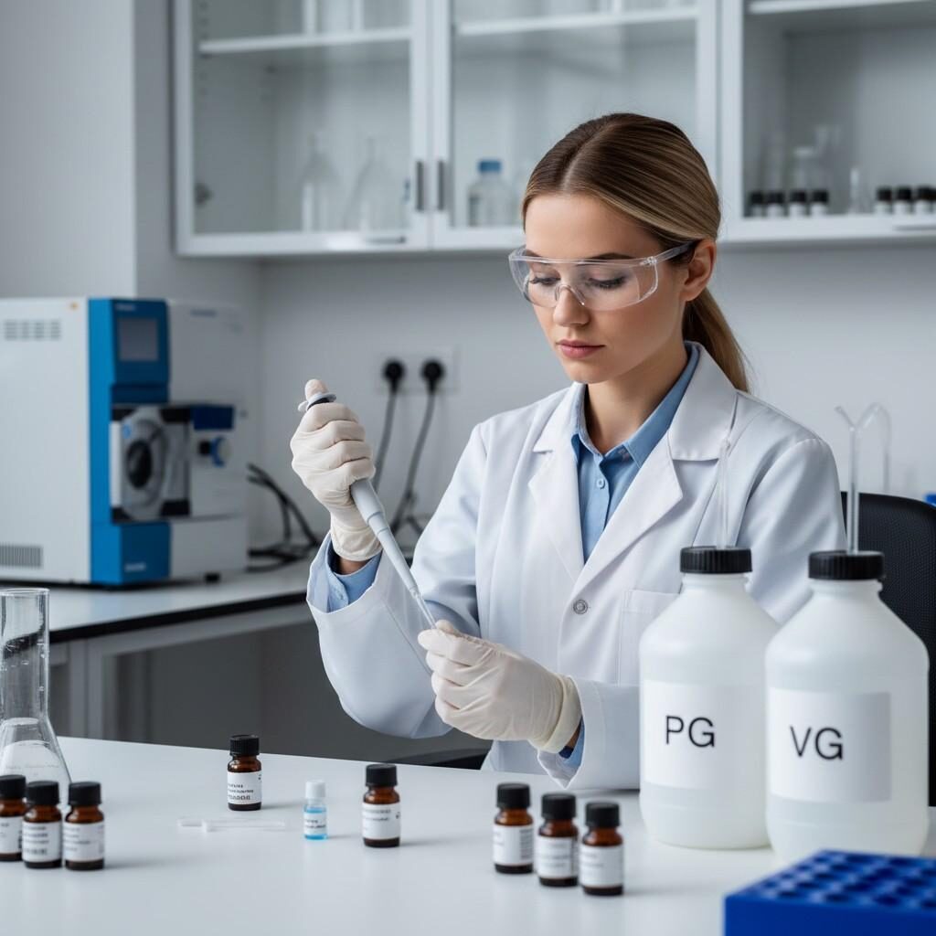 High-detail image of a professional flavor chemist precisely formulating e-liquid using pipettes and advanced chromatography instruments in a modern lab environment. Bottles of PG (Propylene Glycol) and VG (Vegetable Glycerin) and aroma concentrates are visible. Ideal for content on vape product development, flavor innovation, or chemistry in consumer goods