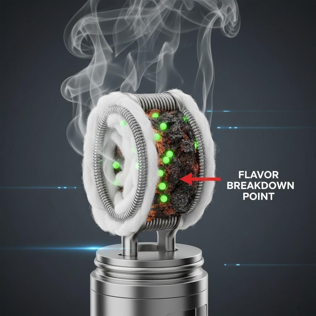 A sophisticated cross-section diagram of a sub-ohm heating coil reveals bright green flavor molecules and a dark, burnt "coil gunk" patch. An arrow points to this "FLAVOR BREAKDOWN POINT," illustrating thermal degradation and its impact on e-liquid flavor, while the surrounding vapor remains clean.