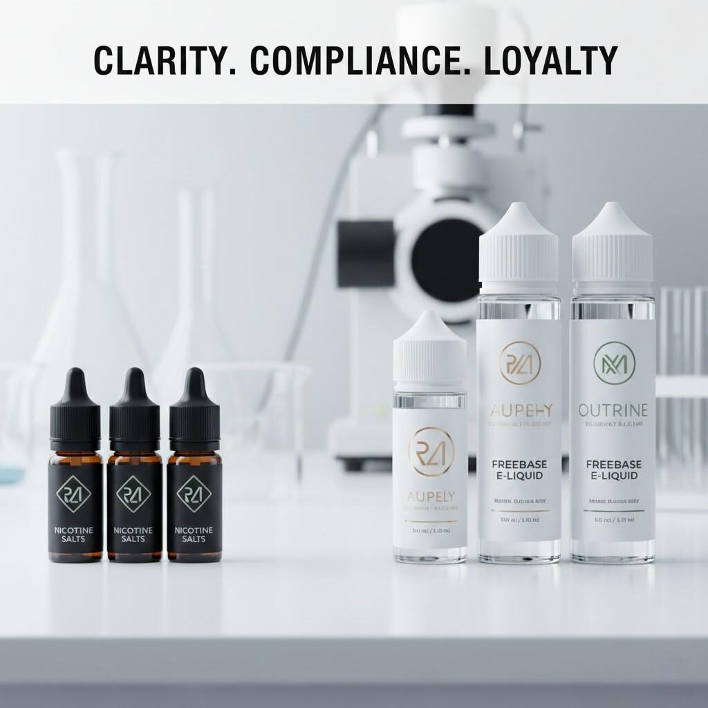 A high-end commercial shot presents a diverse lineup of e-liquid bottles (nicotine salts and freebase) with bright, clear lighting symbolizing flavor clarity. Subtle scientific instruments in the background suggest quality and precision, all under the text overlay: "CLARITY. COMPLIANCE. LOYALTY."
