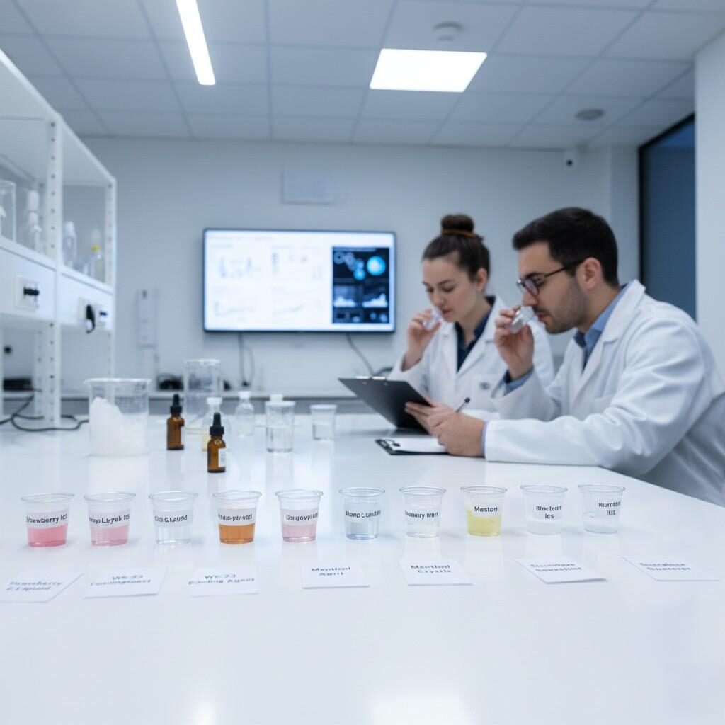 Modern sensory evaluation setup with labeled sample cups of fruity ice e-liquid bases, cooling agents, and sweeteners, as trained aroma assessors conduct structured evaluations in a clean, technical flavor R&D environment.