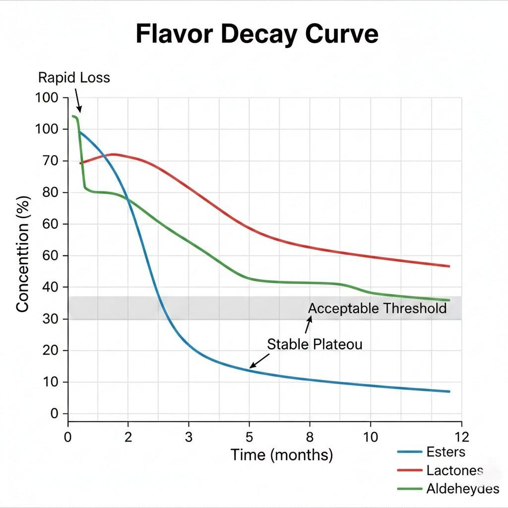 Visualize the degradation of key aroma compounds (esters, lactones, aldehydes) over 12 months with this Flavor Decay Curve graph. Learn how flavor concentration drops, passing through "rapid loss" and "stable plateau" phases relative to an "acceptable threshold" for product shelf life