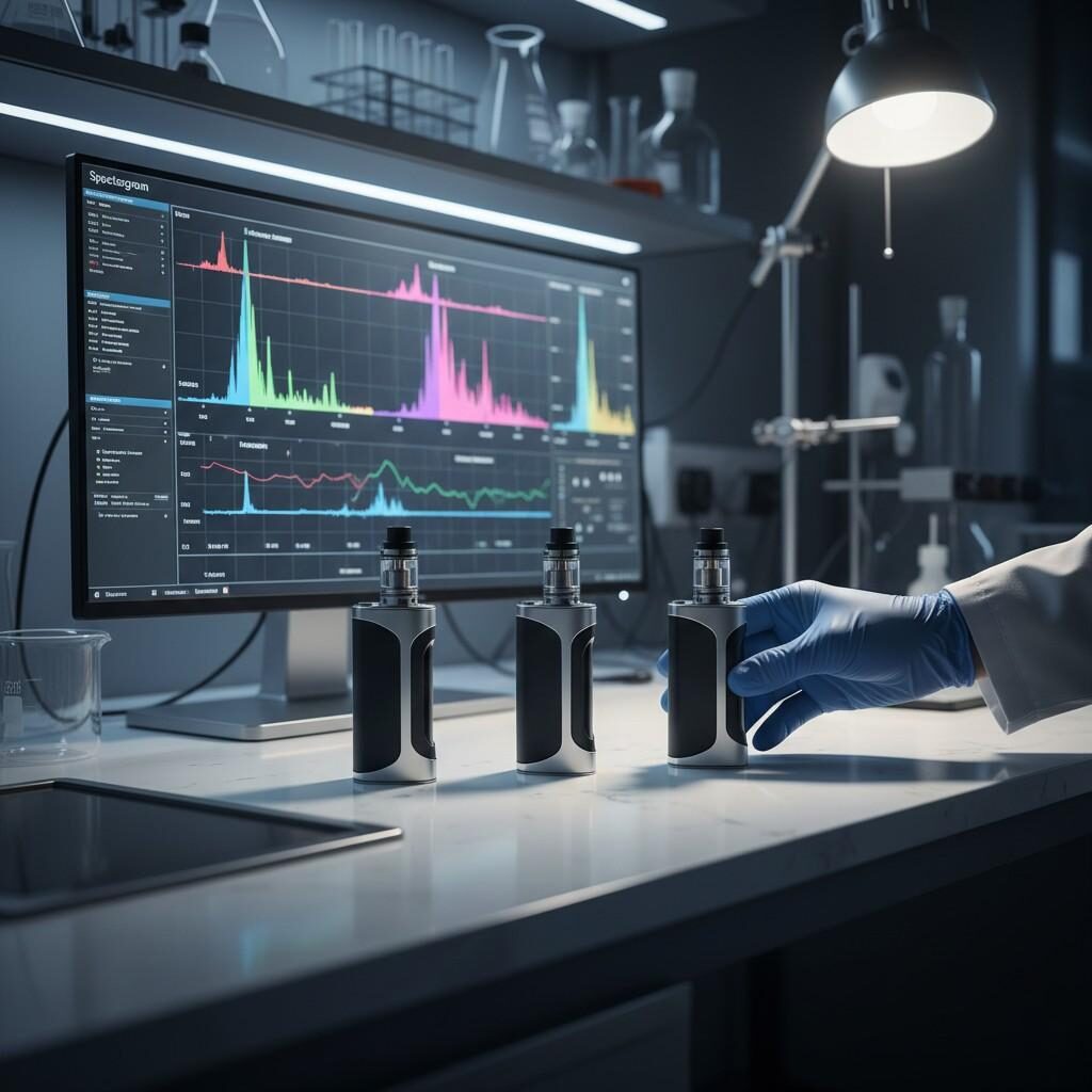 A sleek, modern laboratory workbench features three identical vape devices with a scientist's gloved hand reaching for one. A digital monitor in the background displays a detailed spectrogram of flavor compounds, illustrating advanced e-liquid research and quality control.