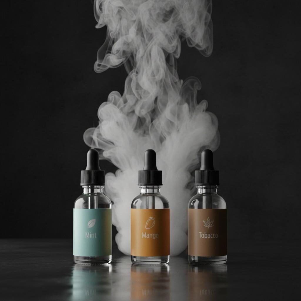 A clean, high-end product photograph of three clear glass e-liquid bottles labeled "Mint," "Mango," and "Tobacco" in a minimalist style. A soft plume of white vapor rises behind the bottles, conveying a premium feel against a dark background
