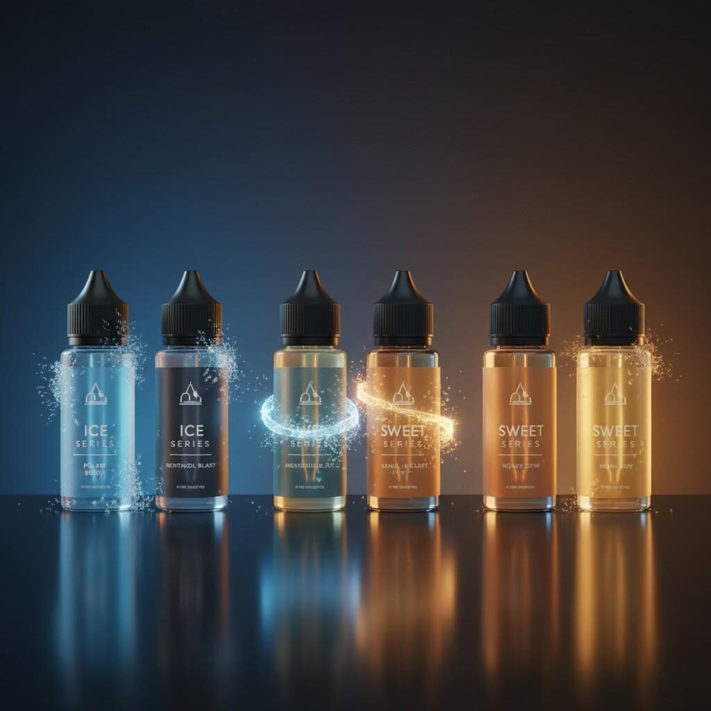High-end studio-style presentation of e-liquid flavor bottles labeled “Ice Series” and “Sweet Series,” enhanced with blue frost effects and warm golden highlights to visually express cold–sweet synergy and premium flavor positioning.