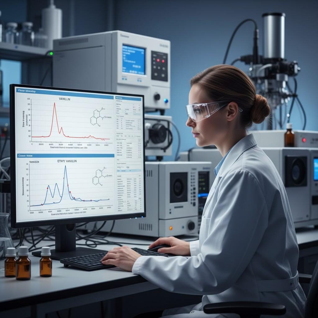 A professional image of a fragrance technician reviewing complex vape formulation data on a computer screen in a high-tech laboratory. The screen displays charts detailing flavor intensity and cream notes, specifically labeling data points for vanillin and ethyl vanillin. Excellent for articles on flavor R&D, chemical analysis, and product testing