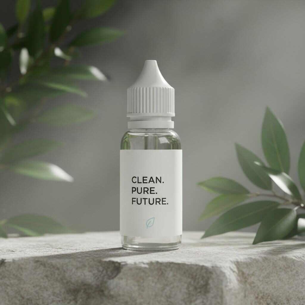 A hero shot of a transparent glass e-liquid bottle with a minimalist "Clean. Pure. Future." label, resting on natural stone. Blurred green leaves and soft mist in the background symbolize the blend of nature and science in this advanced e-liquid.