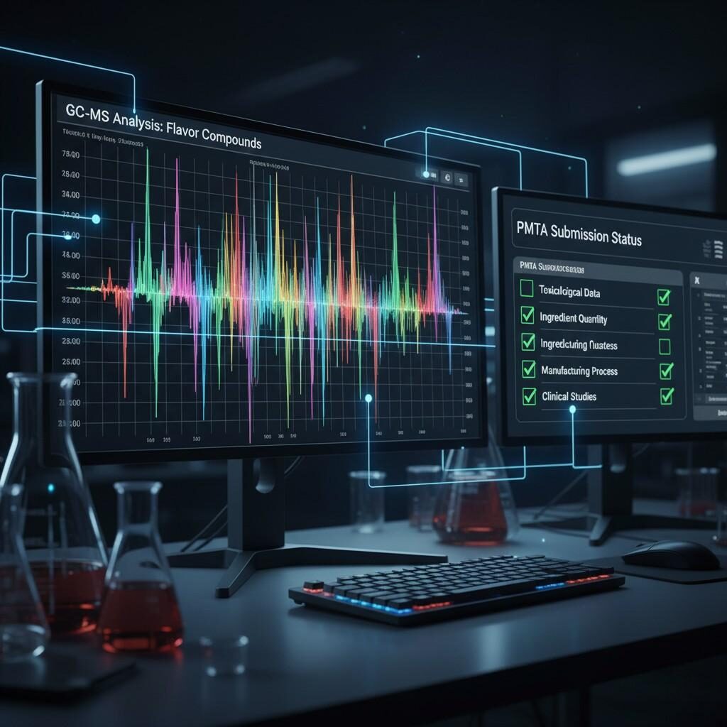 A multi-screen dashboard displays a detailed GC-MS output of chemical peaks alongside a digital PMTA compliance checklist with green checkmarks for "Toxicological Data" and "Ingredient Quantity." This image captures a high-tech, precise, and regulatory-focused mood, emphasizing scientific rigor in product development.