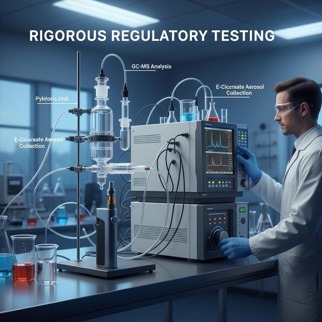 A scientific laboratory image depicts a pyrolysis apparatus connected to an e-cigarette, with collected aerosol undergoing analysis by a large GC-MS unit. This scene highlights the rigorous testing process essential for ensuring regulatory compliance and product safety.