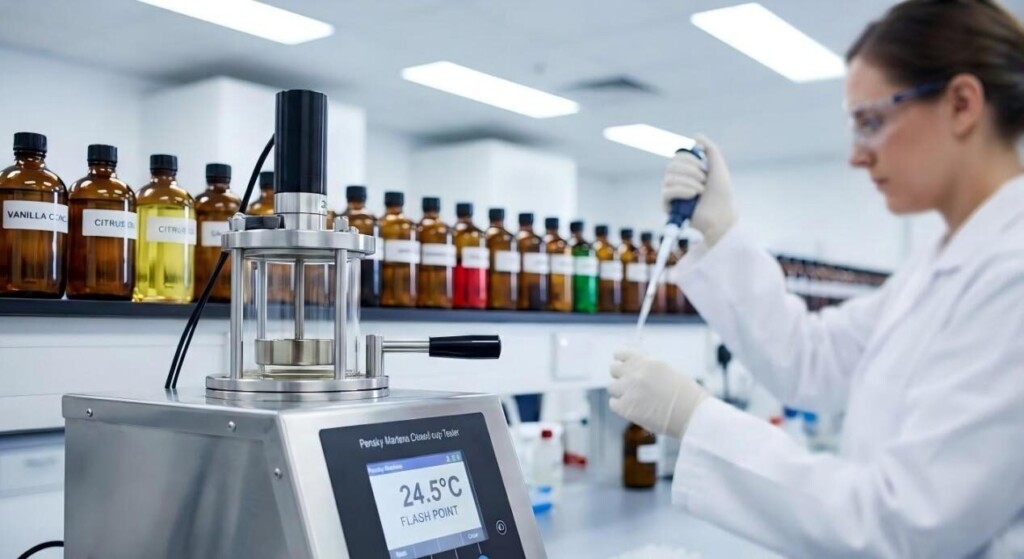 A modern Pensky-Martens closed-cup flash point tester displays 24.5掳C in a clinical lab setting, featuring a technician and flavor concentrates in the background.