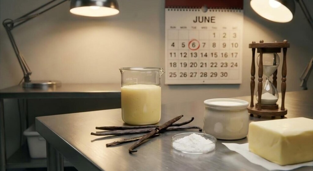 A high-quality close-up of a food science lab featuring a beaker of creamy liquid, vanilla beans, crystalline vanillin, and fresh butter, highlighting the intersection of chemistry and culinary art.