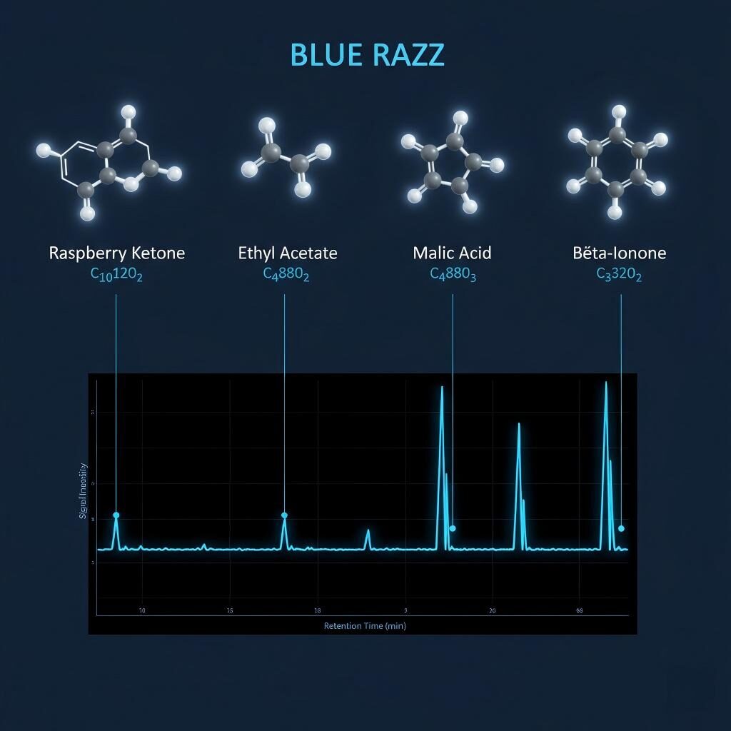 A technical visualization of the molecular building blocks of Blue Raspberry flavor. Features 3D models of Raspberry Ketone, Ethyl Acetate, Malic Acid, and Beta-Ionone over a digital GC-MS spectrometry readout.