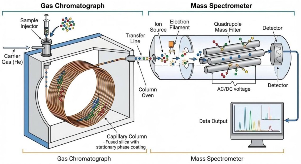 A comprehensive technical diagram illustrating the step-by-step workflow of a GC-MS system, from sample injection and column separation to ionization and data detection.