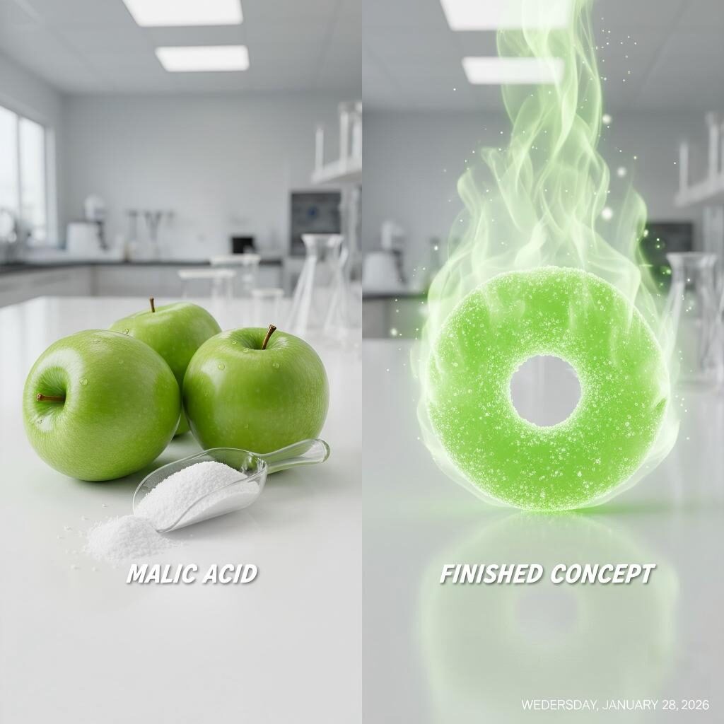 A split-screen visual showing raw green apples and malic acid powder transitioning into a stylized green apple candy ring vapor cloud in a professional laboratory setting.