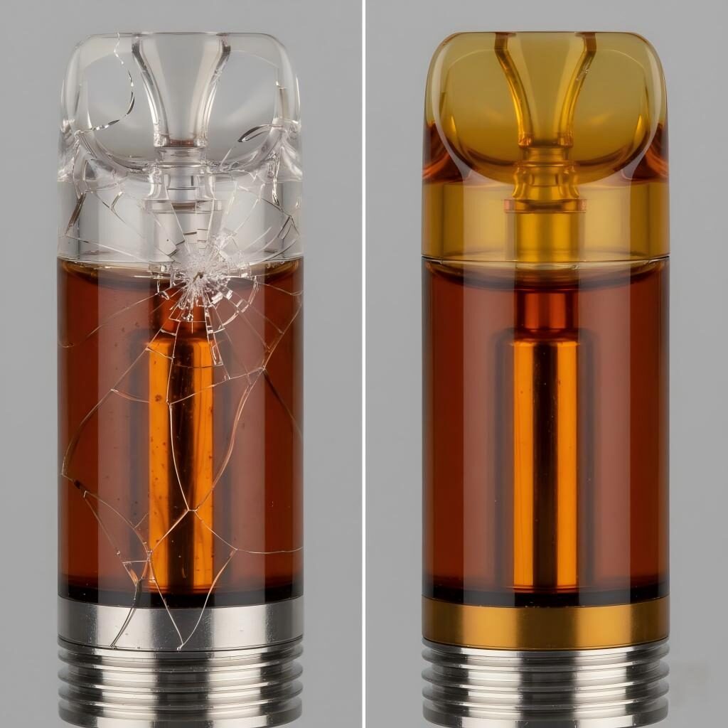 A side-by-side comparison showing a polycarbonate vape tank damaged by "tank cracker" e-liquid with visible spiderweb cracks versus a durable, intact amber Ultem tank.