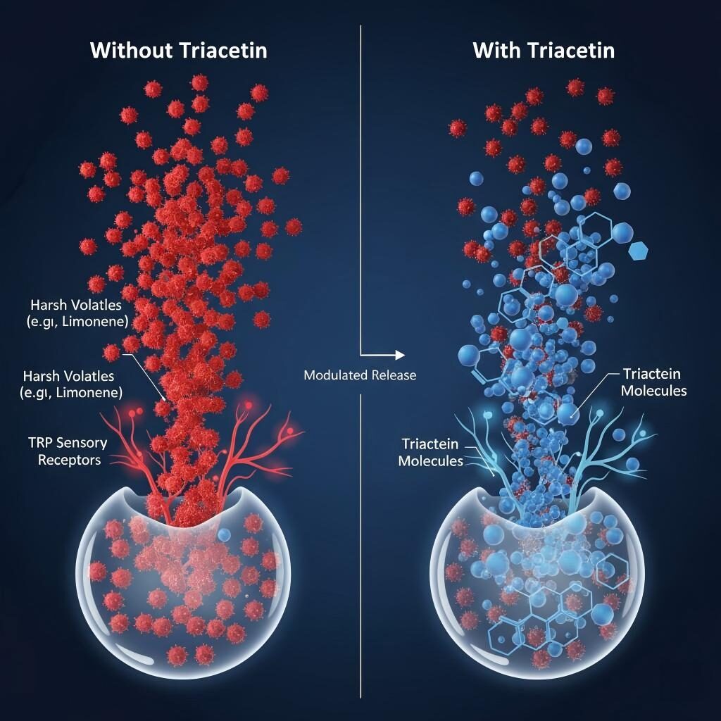 A microscopic look at how Triacetin molecules trap harsh volatiles and coat sensory receptors to provide a controlled, smooth flavor release in heated droplets.