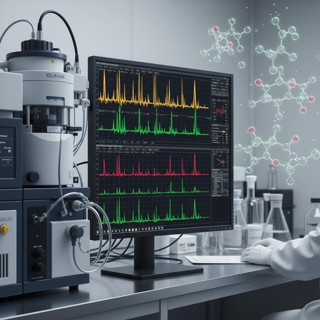 Image of a scientific GC-MS laboratory workstation displaying detailed chromatograms on a monitor and isolated terpene molecular structures. This visual represents analytical precision in quality control and comprehensive chemical profiling for flavor compounds