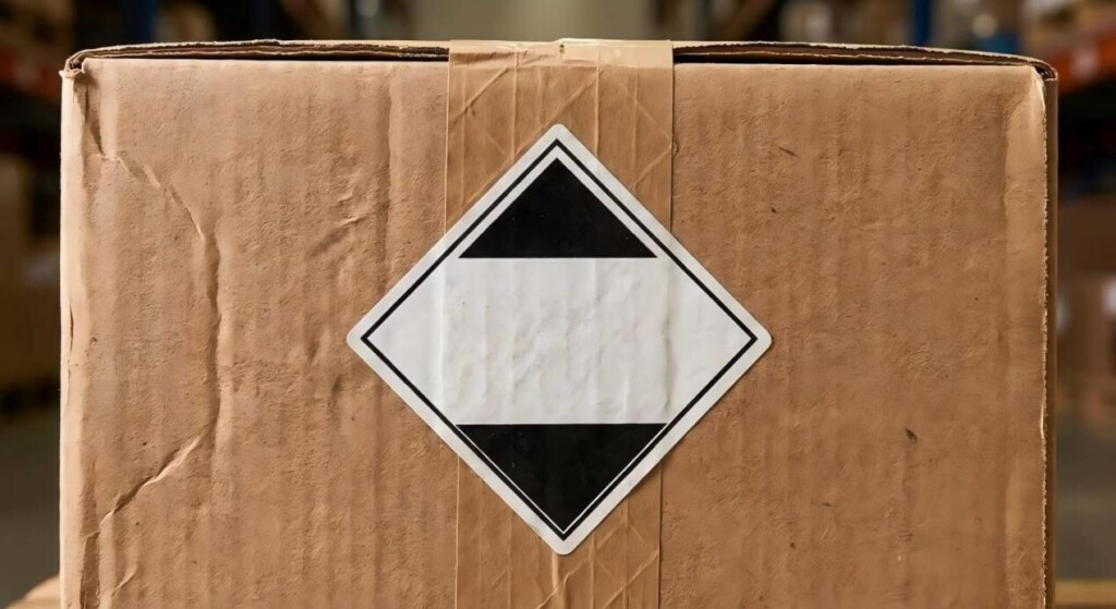 A close-up view of a standard cardboard shipping box featuring the official Limited Quantity diamond mark for transporting restricted goods and hazardous materials.