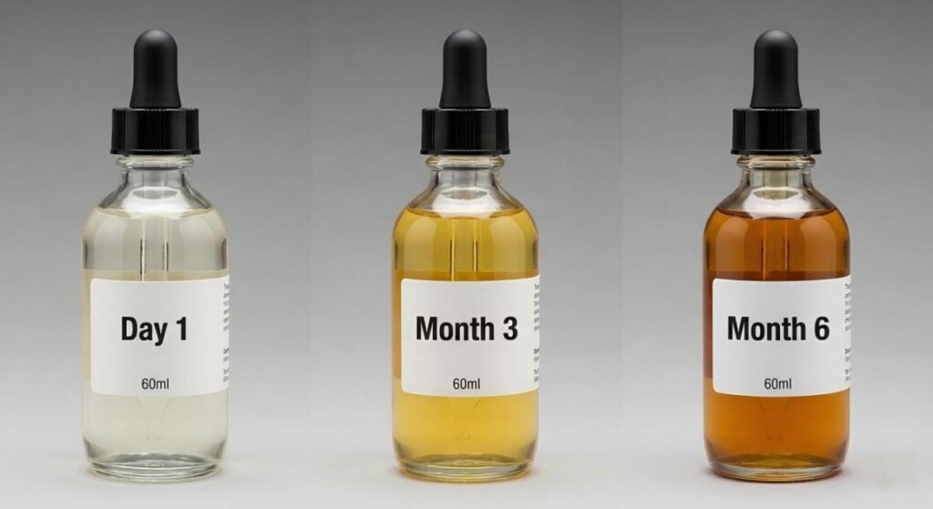 A side-by-side comparison showing the 6-month visual maturation of a custard liquid, progressing from clear on Day 1 to a deep amber by Month 6.