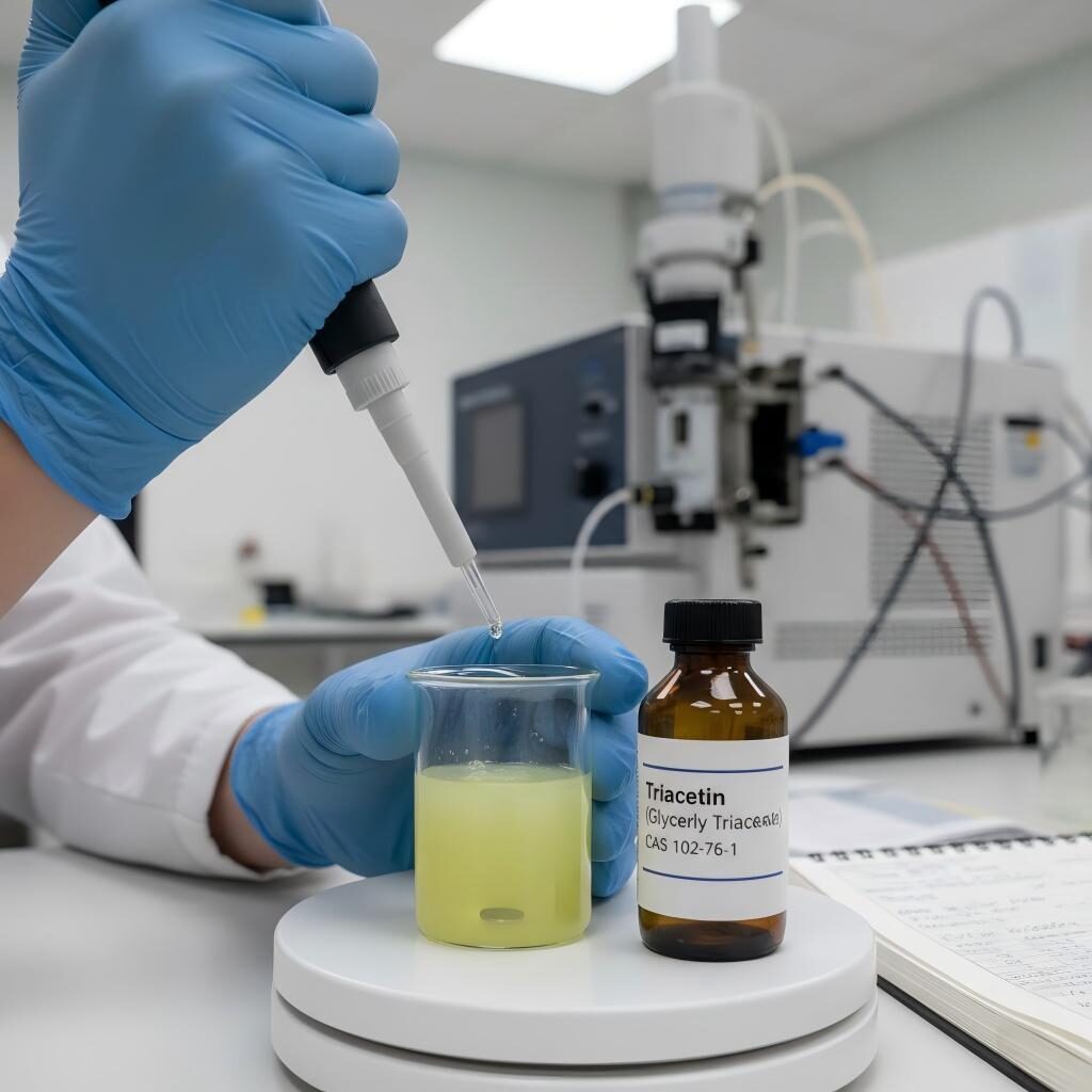 A professional laboratory setting showing the precise addition of Triacetin (CAS 102-76-1) to citrus flavor concentrates for enhanced stability and clarity.