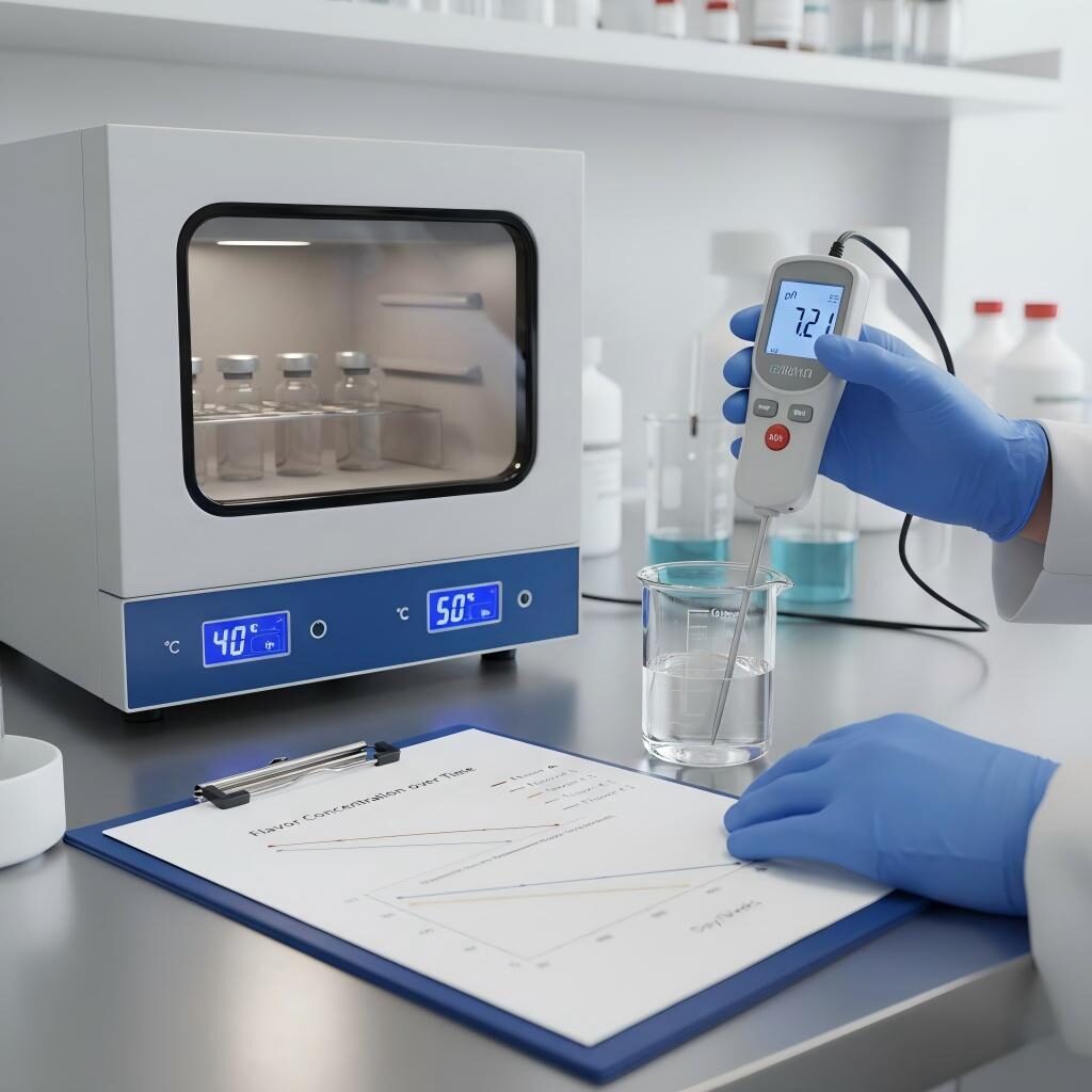 A technician performs pH testing and accelerated stability analysis on e-liquid samples at 40掳C and 50掳C to monitor flavor concentration and shelf-life degradation.