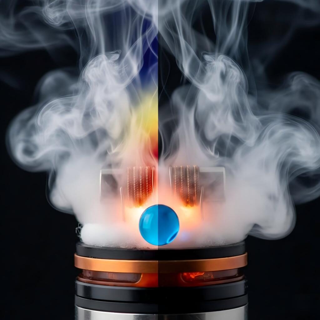 A high-speed macro photograph capturing the physics of vaporization on an e-cigarette coil. Featuring a thermal camera overlay showing heat distribution, glowing heating elements, and a blue e-liquid droplet.