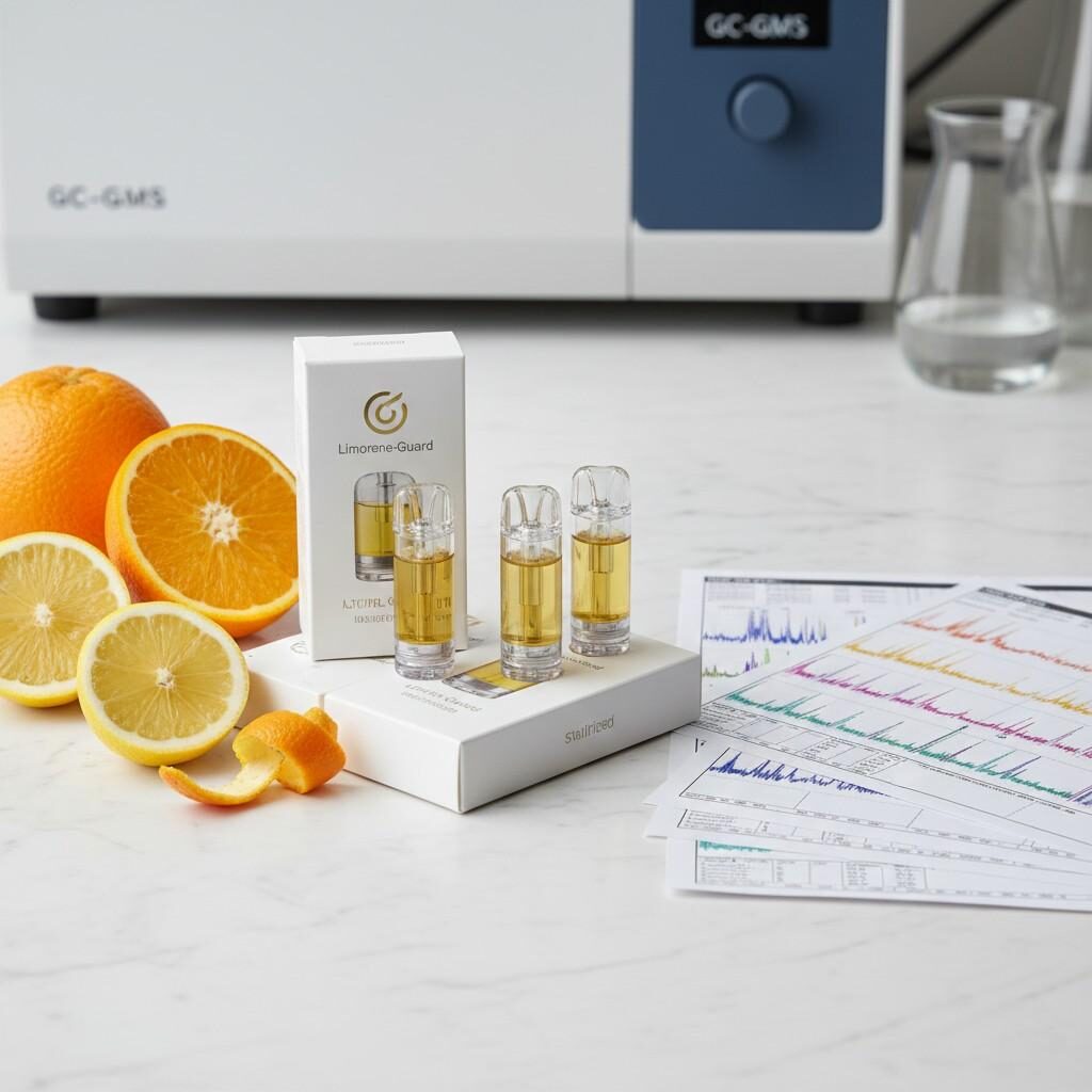 A professional product photo showcasing stabilized citrus-flavor vape pods arranged beside fresh citrus fruits and laboratory GC–MS printouts. The composition conveys technical precision, rigorous quality control, and superior product engineering in high-stability e-liquids