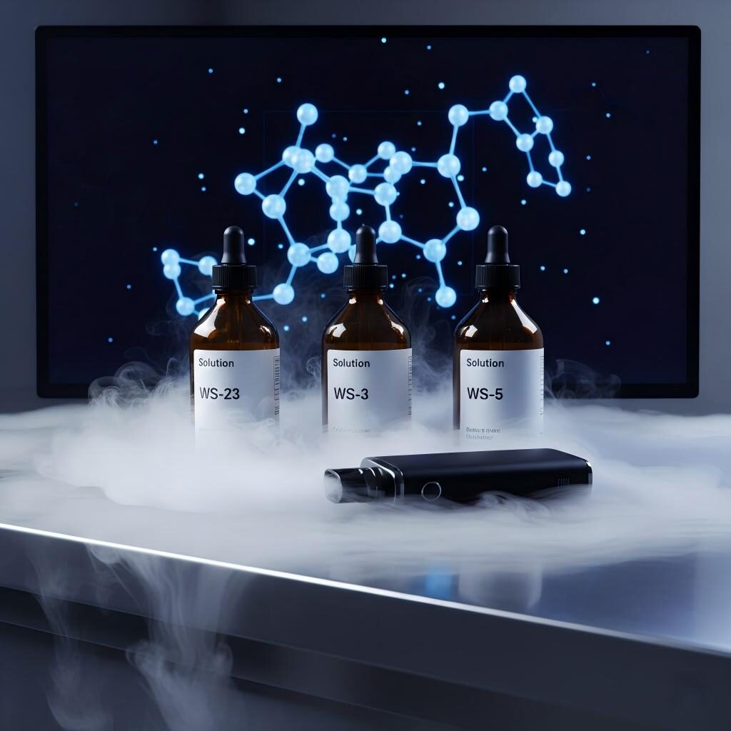 A professional product photograph featuring labeled bottles of WS-23, WS-3, and WS-5 solutions on a stainless steel surface with a vapor cloud and molecular digital background.