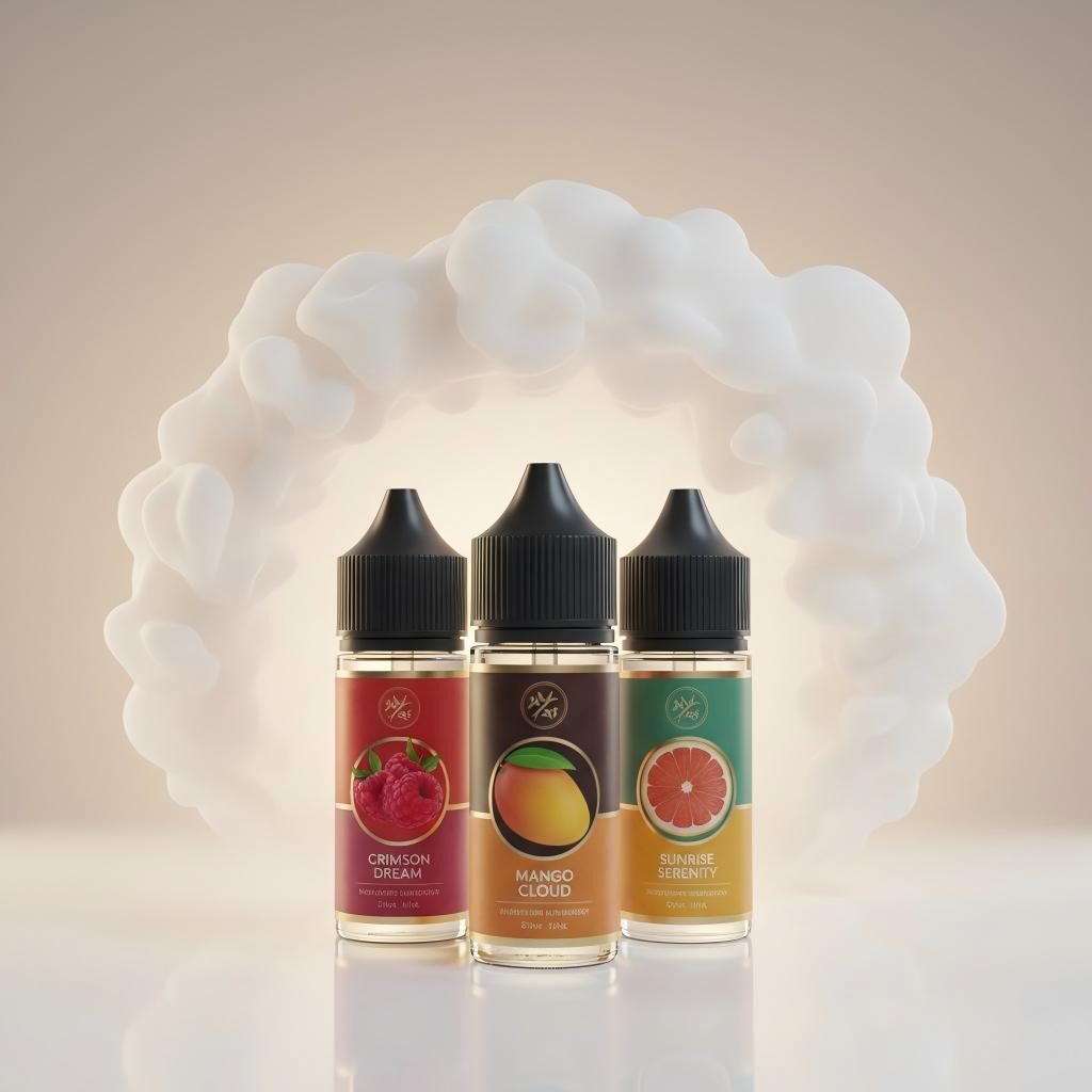 A showcase of premium fruit-flavored e-liquids featuring dense, smooth vapor plumes—the hallmark of professional formulation and high-quality flavor carriers.