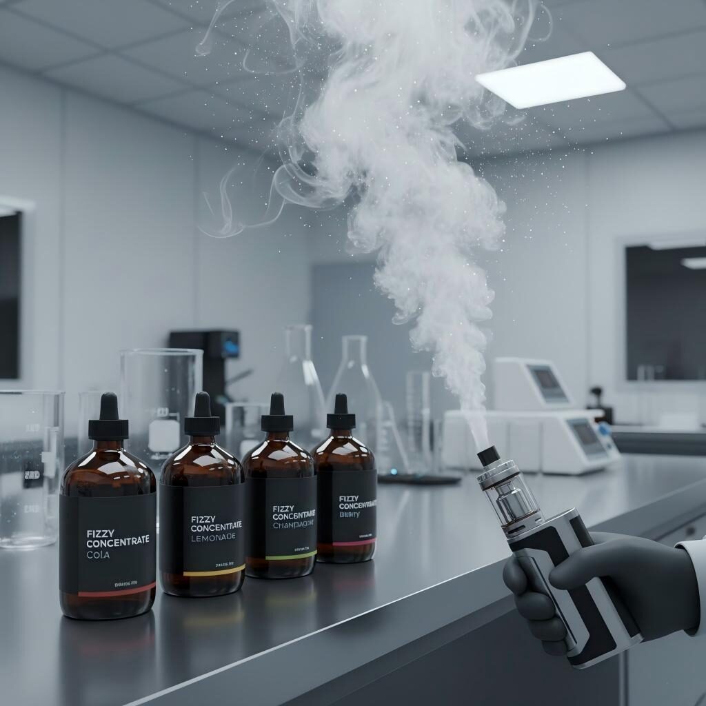 A professional clean-room laboratory setting featuring amber glass bottles of "Fizzy Concentrate" and a high-end vape device producing sparkling, stardust-like vapor clouds to simulate carbonation.