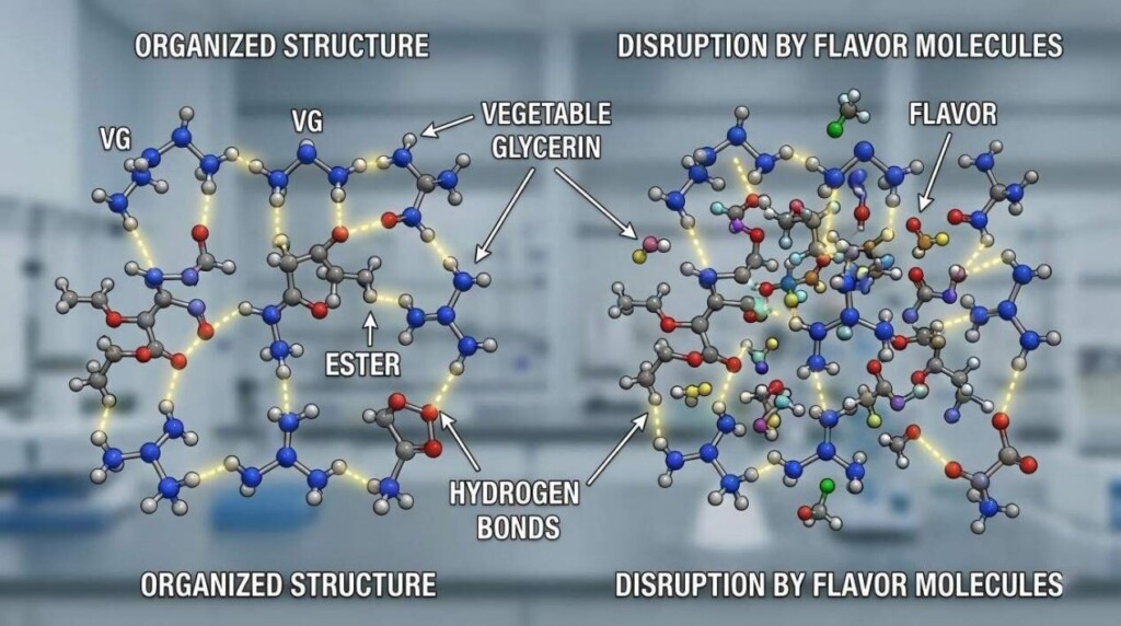 A detailed 3D molecular visualization comparing the organized hydrogen-bonded structure of Vegetable Glycerin and esters against the structural disruption caused by flavor molecules.