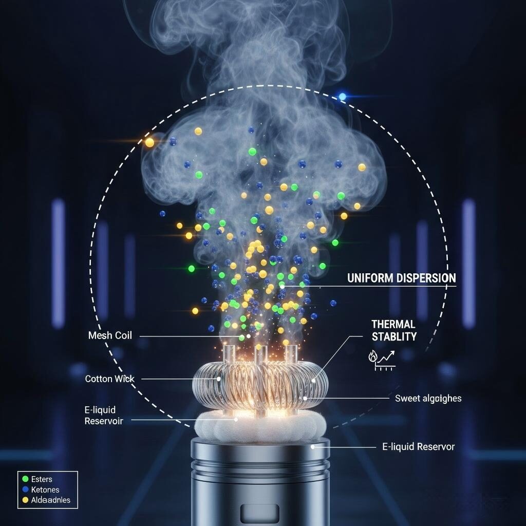 A technical infographic showing a vape coil cross-section where flavor molecules achieve uniform dispersion and thermal stability during vaporization.