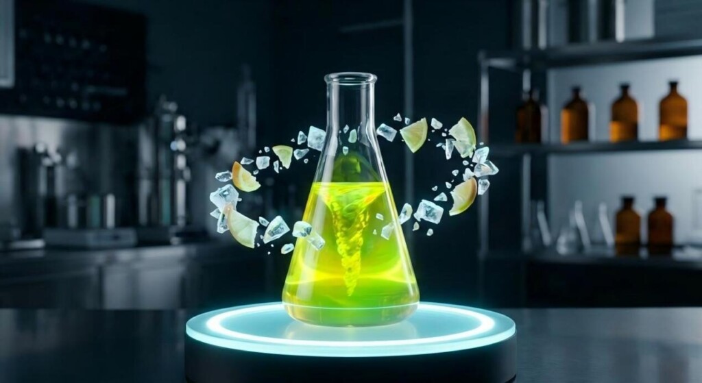 A cinematic shot of a neon citrus-infused lab flask, representing the cutting edge of high-tech flavor R&D and molecular science.